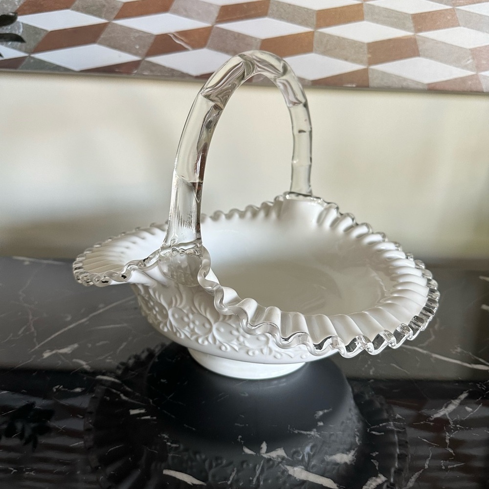 Fenton #3537 SC Silver Crest Spanish Lace 10” Basket Milk Glass Stamped